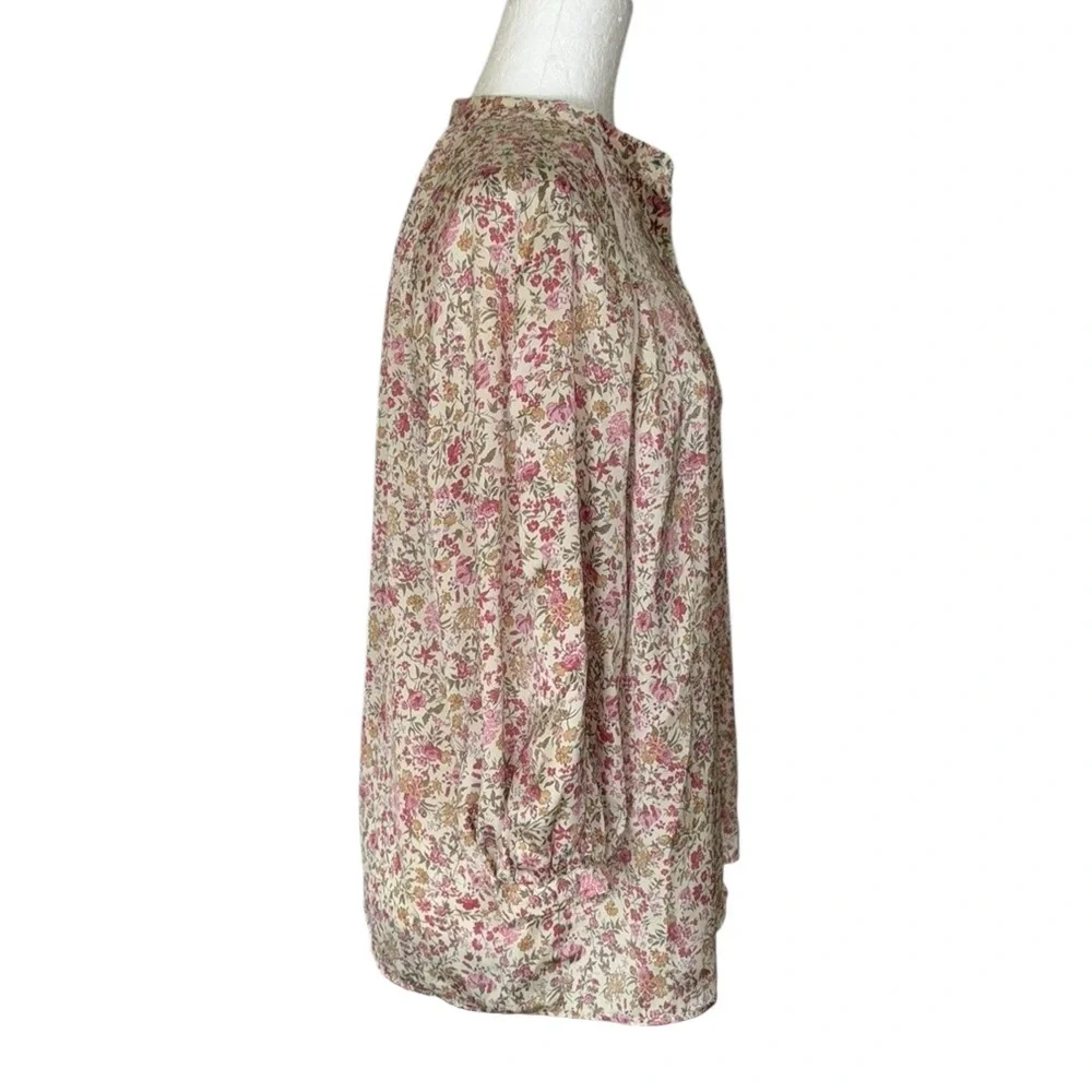Zara Cream Pink Floral Print Satin 3/4 Puff Sleeve Lace Button Down Blouse - S